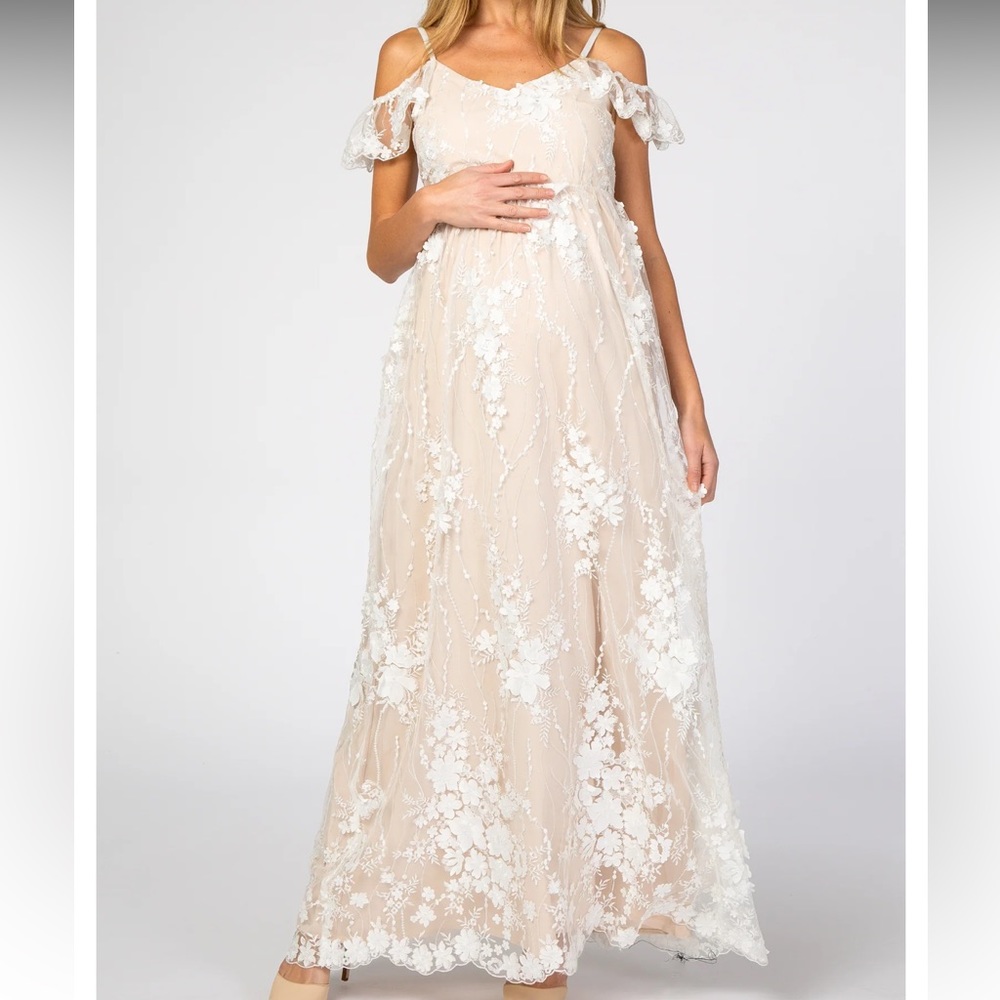 Lulu's Ivory Floral Embroidered Evening Gown